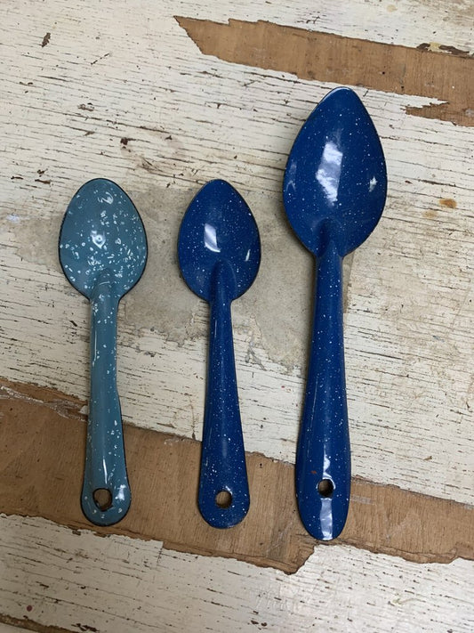 Vintage Blue Speckled Enamel Enamelware Spoon Teaspoons and Tablespoon