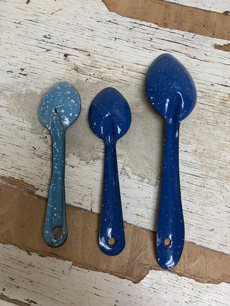 Vintage Blue Speckled Enamel Enamelware Spoon Teaspoons and Tablespoon