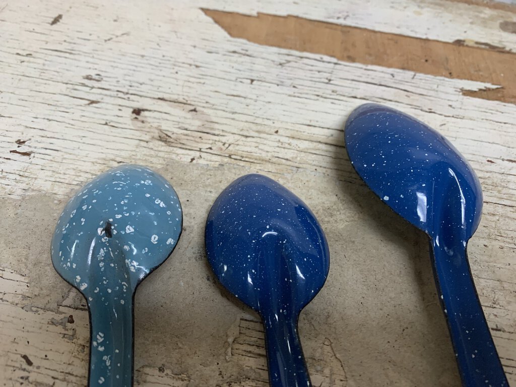 Vintage Blue Speckled Enamel Enamelware Spoon Teaspoons and Tablespoon