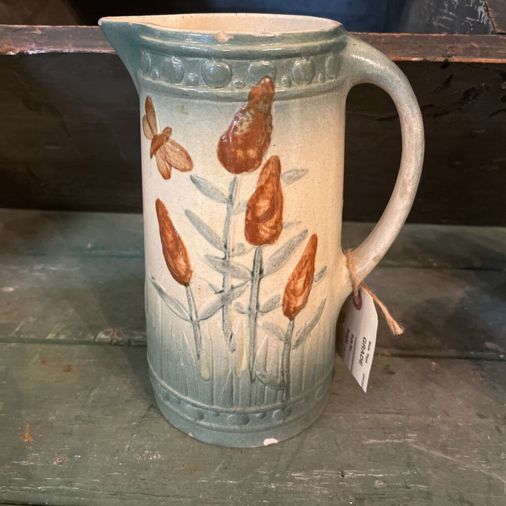 1910s ROSEVILLE GOLDEN ROD PITCHER CATTAILS BUTTERFLY