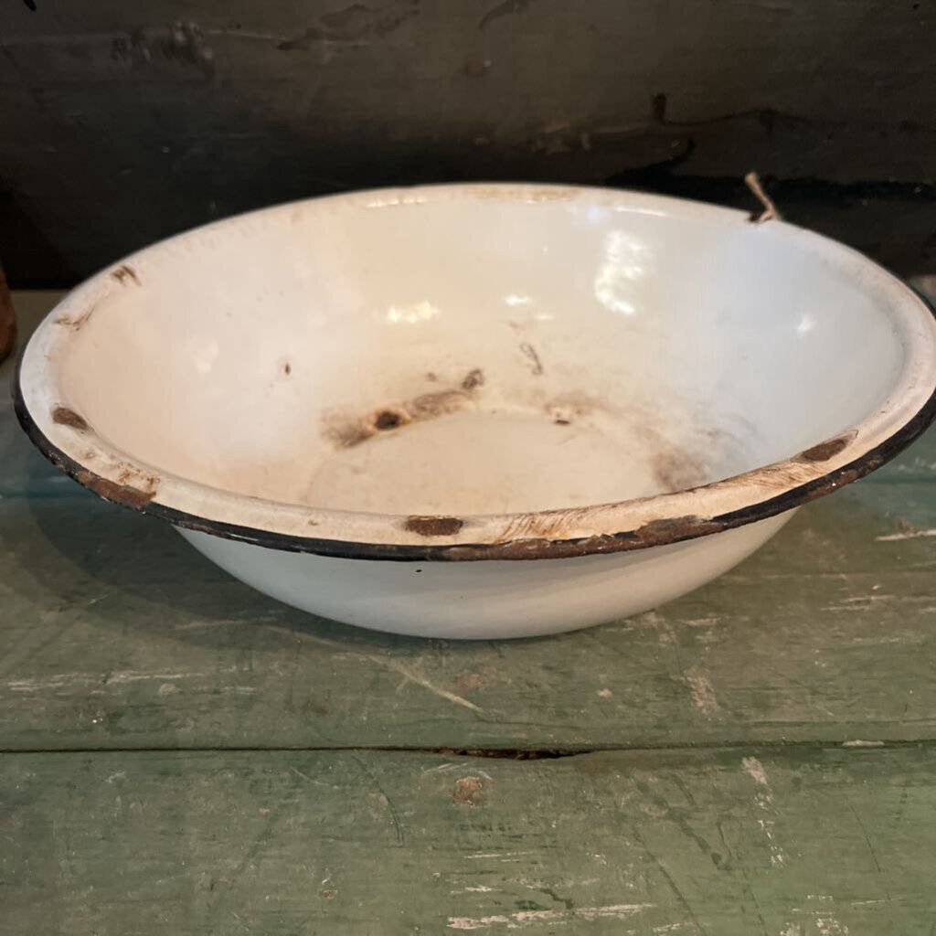 VINTAGE LARGE WHITE ENAMAL BOWL WITH BLACK TRIM