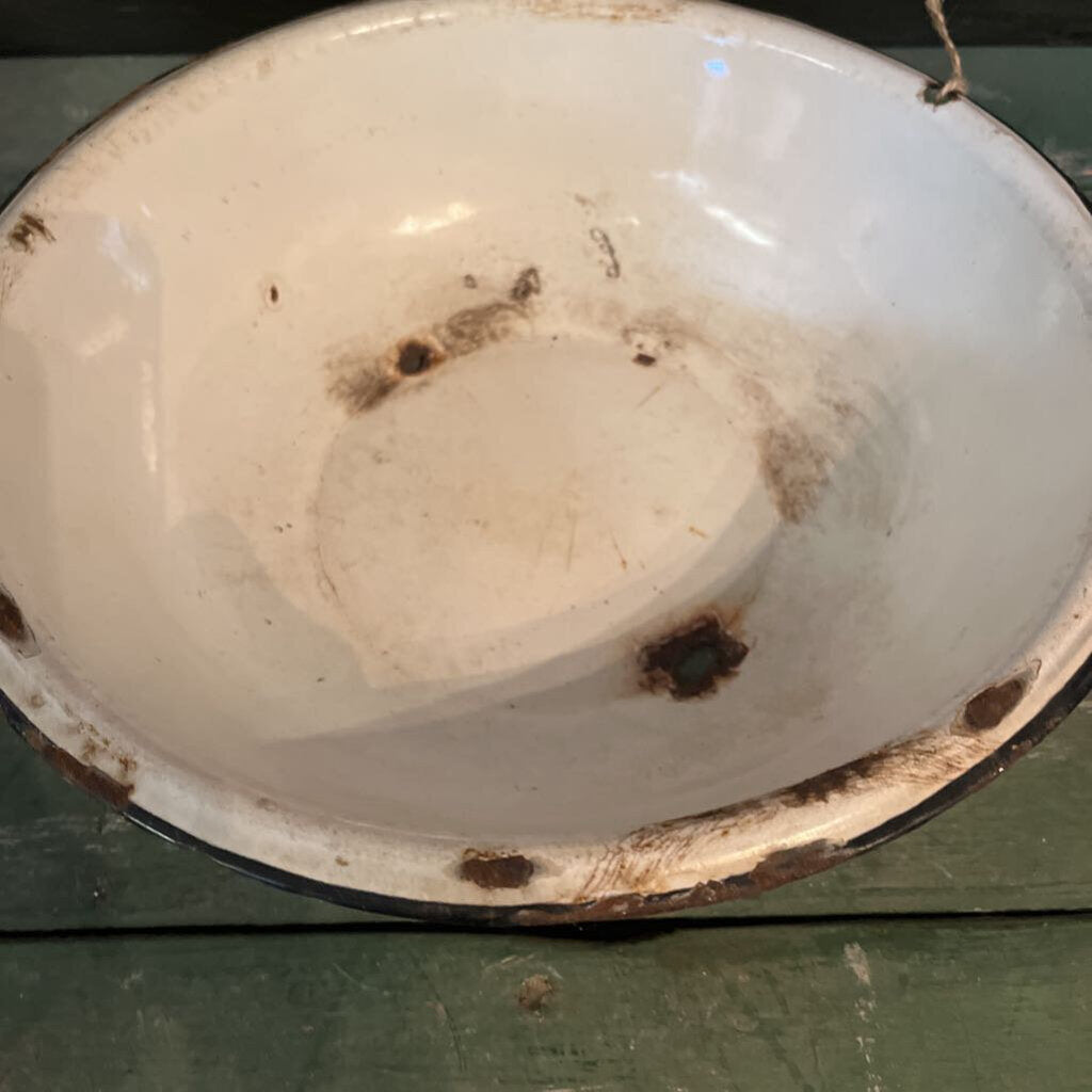 VINTAGE LARGE WHITE ENAMAL BOWL WITH BLACK TRIM