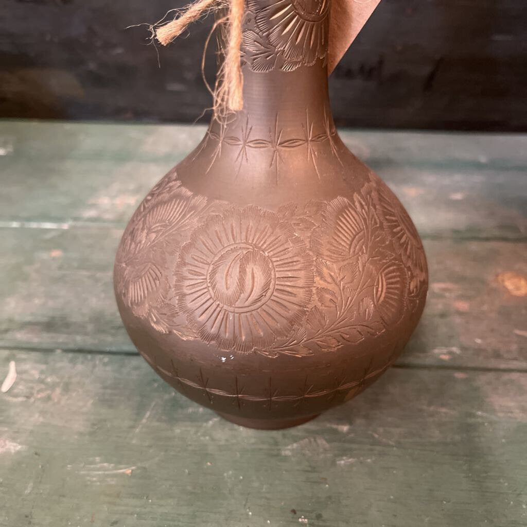 FLORAL ETCHED BRASS VASE 11 1/2"