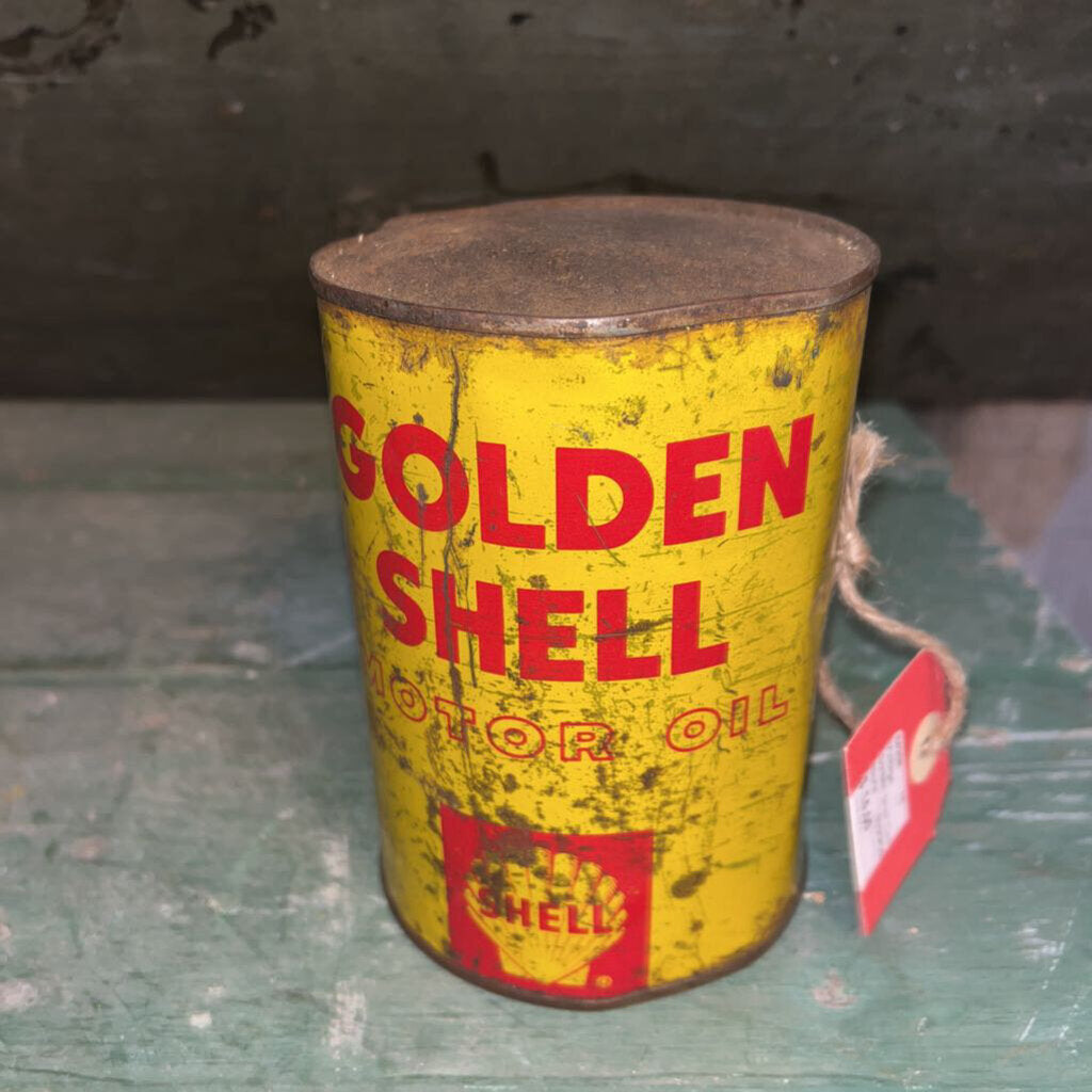 VINTAGE 1 QT GOLDEN SHELL MOTOR TIN METAL OIL CAN