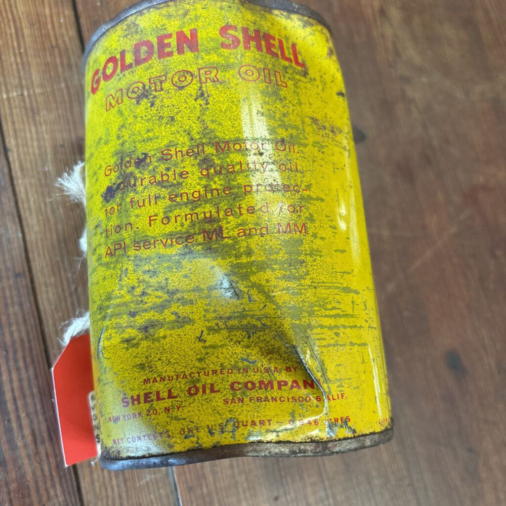 VINTAGE 1 QT GOLDEN SHELL MOTOR TIN METAL OIL CAN