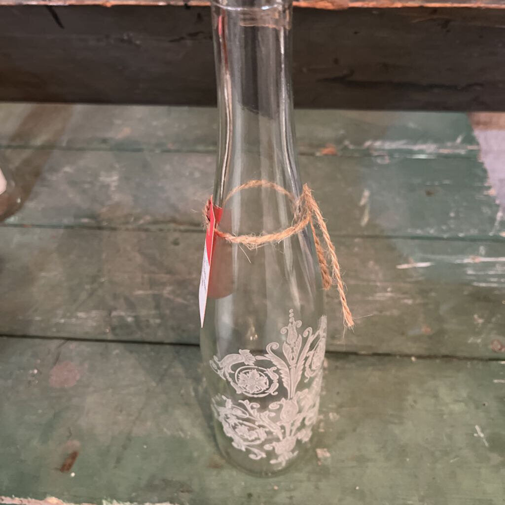 TALL FLORAL ETCHED GLASS BOTTLE