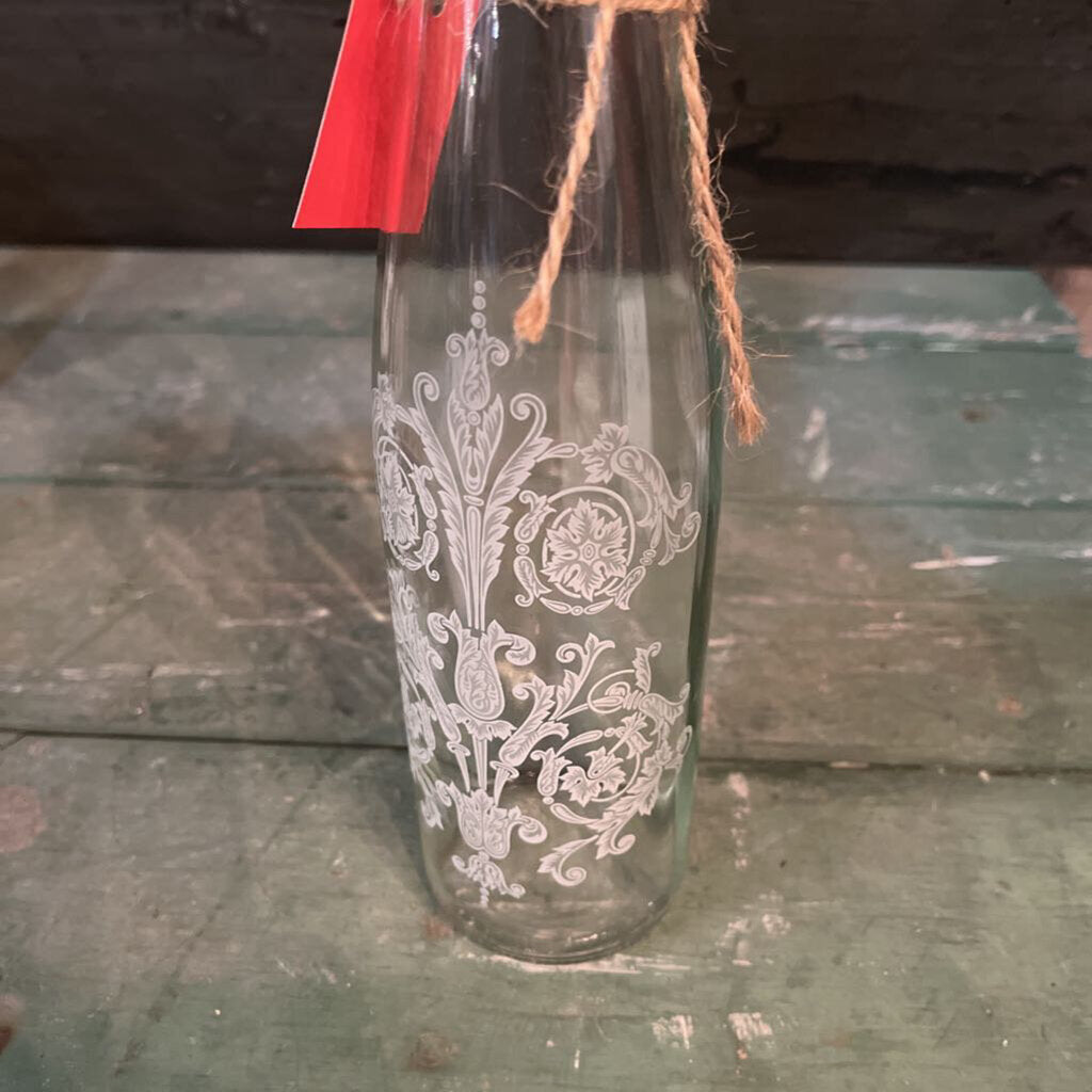 TALL FLORAL ETCHED GLASS BOTTLE