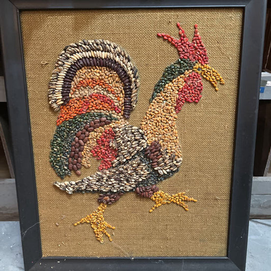 VINTAGE HANDMADE ROOSTER PICTURE MOSAIC FOLK ART CORN SEEDS BEANS