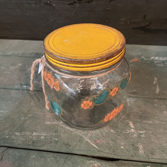 VINTAGE HOOSIER SQUARE GLASS CANISTER JAR WITH YELLOW METAL LID