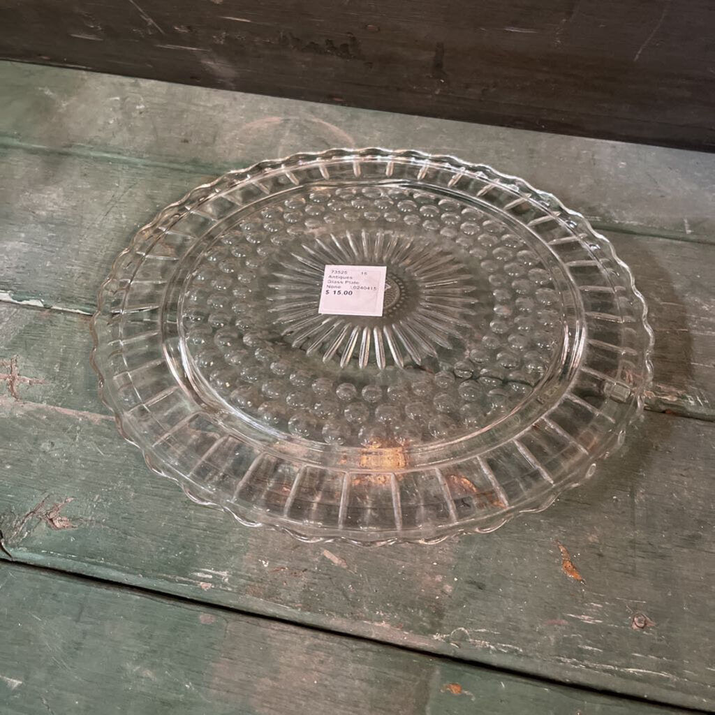 VINTAGE CLEAR FEDERAL GLASS FOOTED CAKE PLATE POLKA DOT SUNBURTS