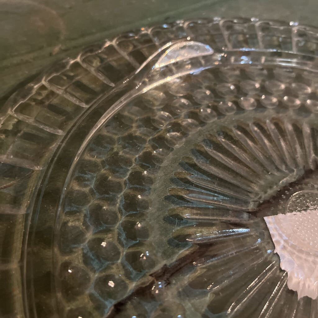 VINTAGE CLEAR FEDERAL GLASS FOOTED CAKE PLATE POLKA DOT SUNBURTS