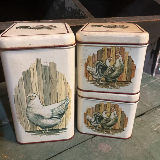 VINTAGE CHEINCO STACKING METAL CANISTER SET CHICKENS