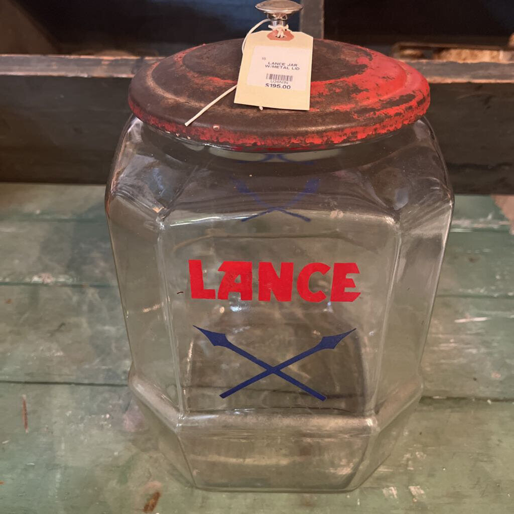 VINTAGE LANCE CRACKER GLASS JAR WITH METAL LID