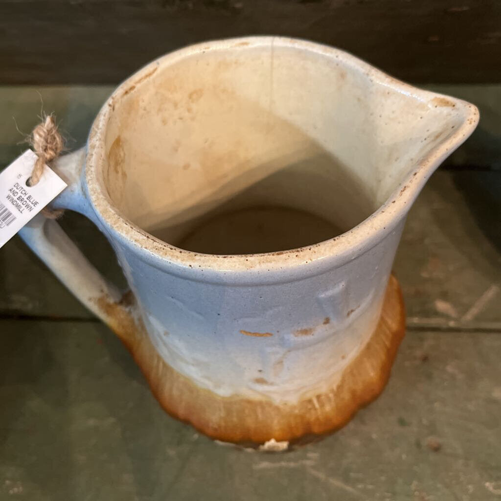 DUTCH BLUE AND BROWN WINDMILL STONEWARE PITCHER