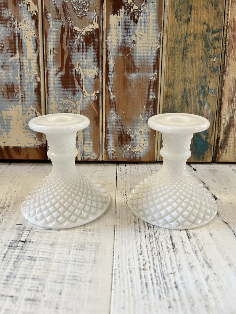 PAIR OF WESTMORELAD MILK GLASS CANDLESTICKS