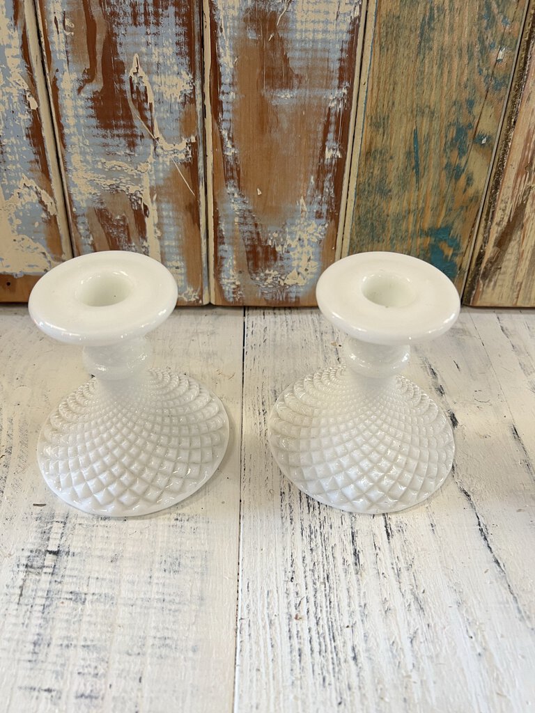 PAIR OF WESTMORELAD MILK GLASS CANDLESTICKS