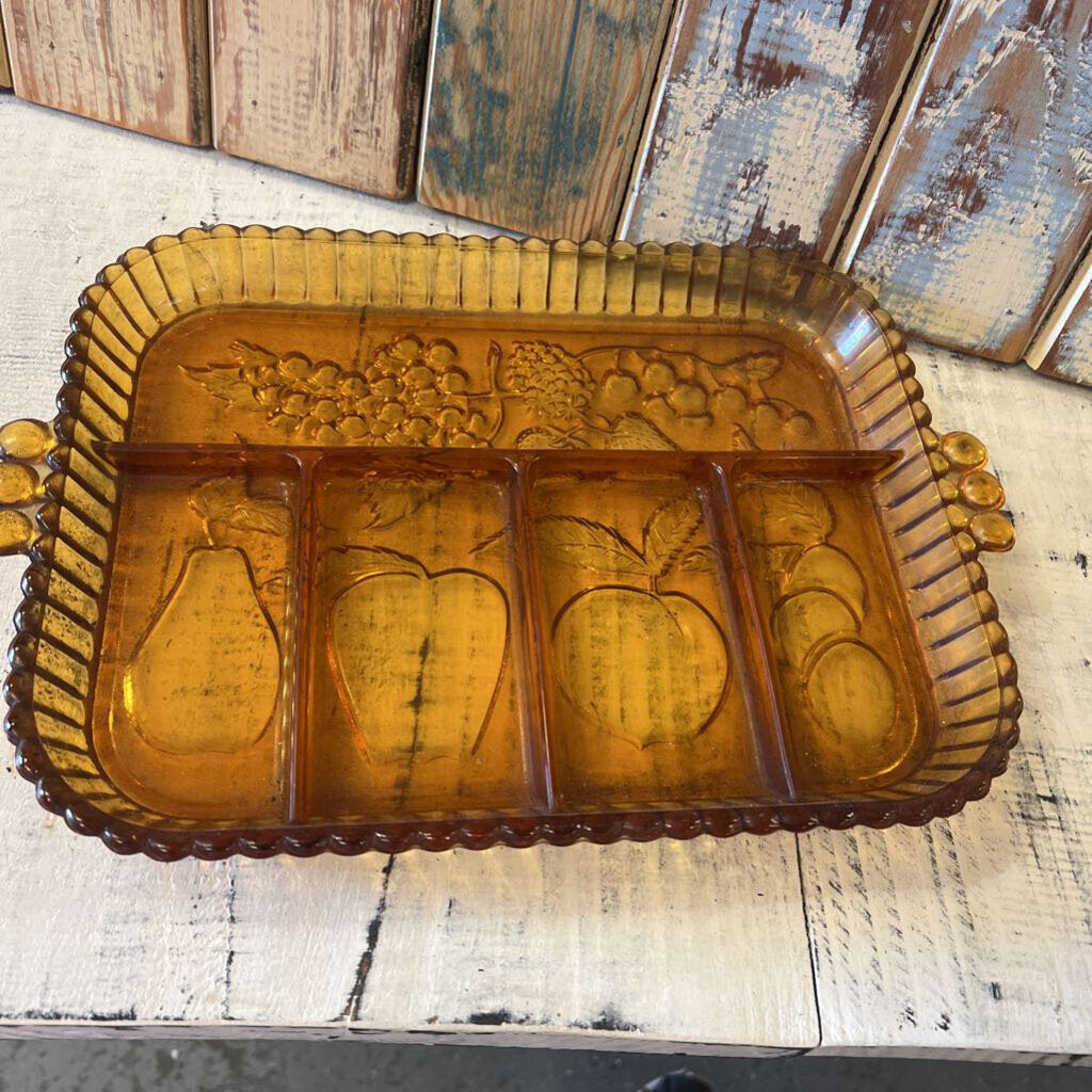 VINTAGE INDIANA GLASS CO AMBER RELISH TRAY