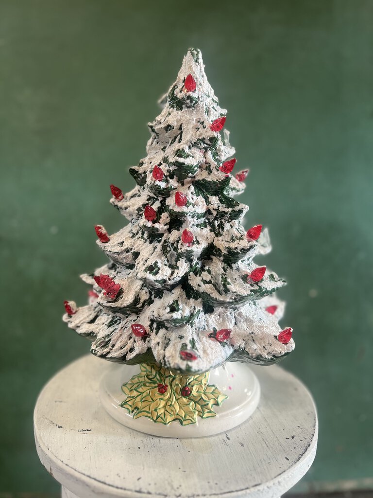 VINTAGE LIGHTED FLOCKED CERAMIC CHRISTMAS TREE