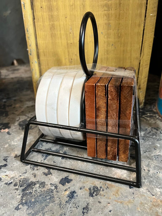 MARBLE AND WOOD COASTER SET